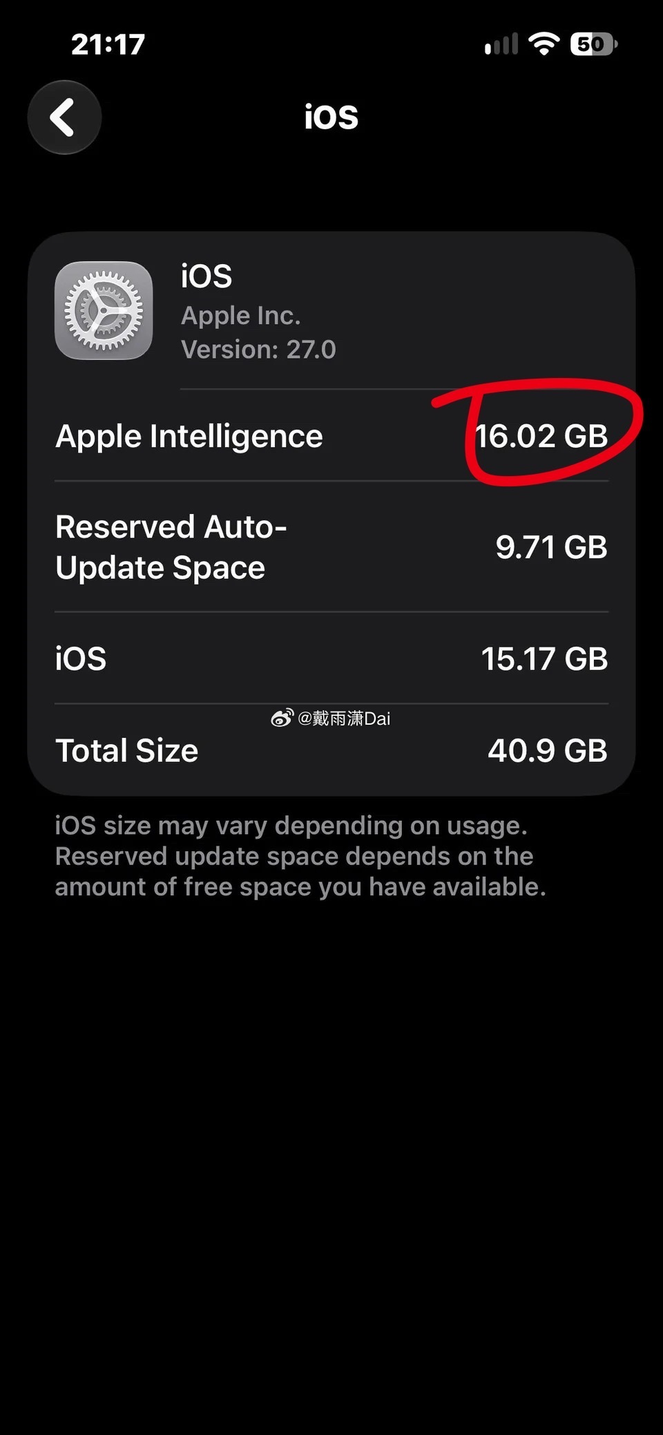 Apple Intelligence占空间巨大，而且删不掉。完全就是个笑话。 ​
