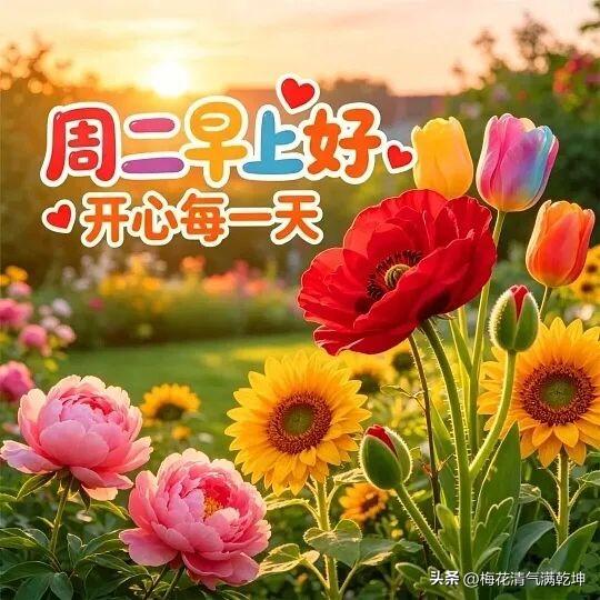 🌞 周二早安，愿你每天开心！🌸🌻🌺
