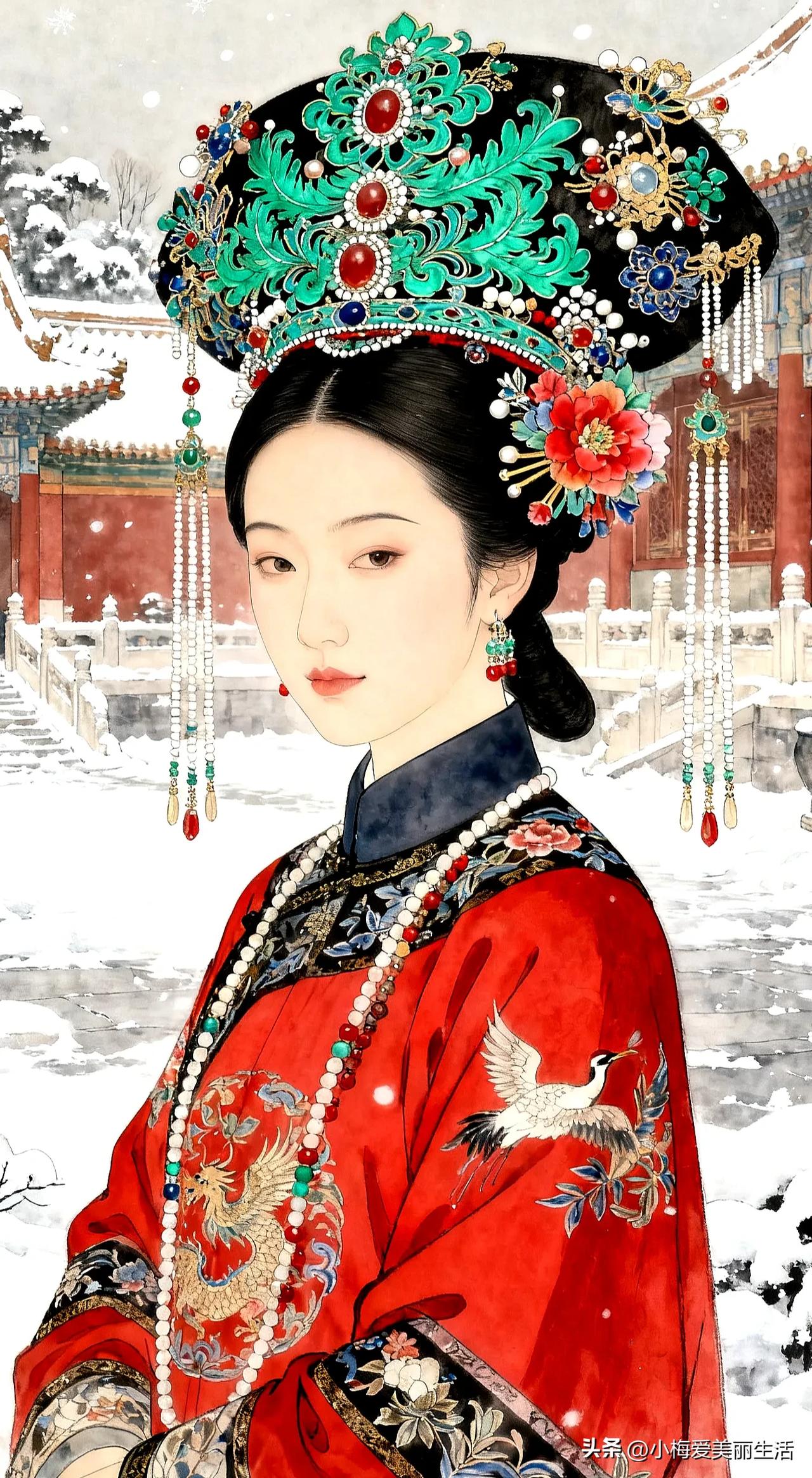 雪中美人，华服映寒冬。