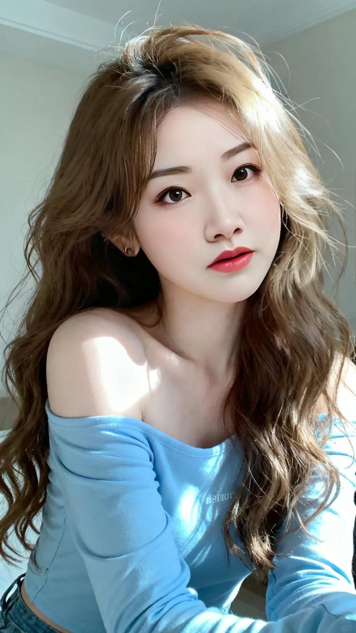 阳光下的温柔少女，蓝色上衣与长发相得益彰，甜美动人。
