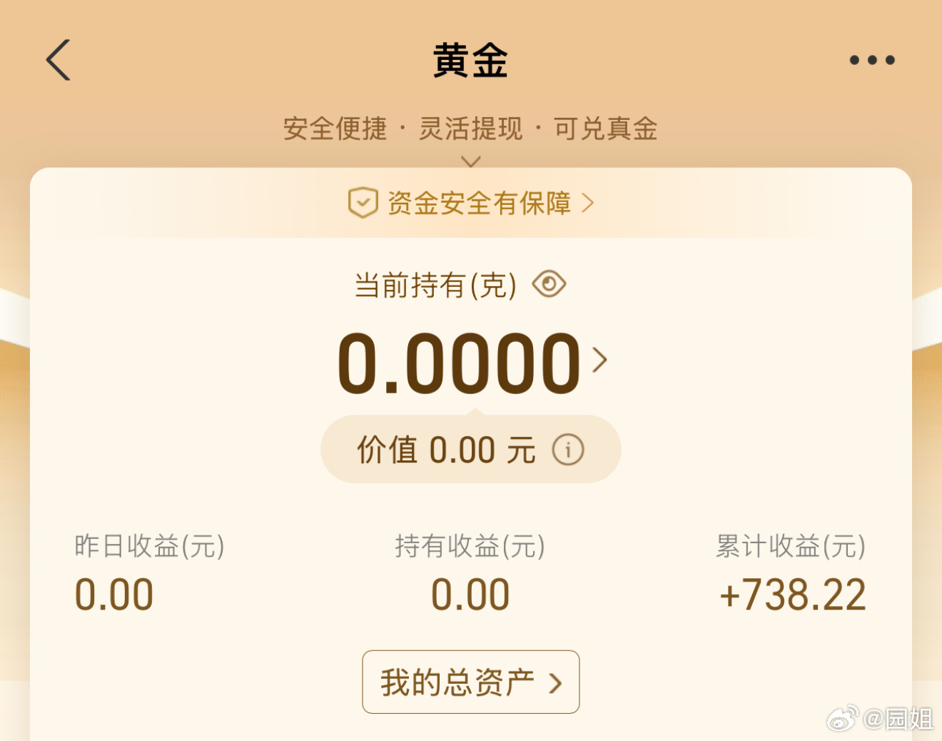 买了点黄金，折腾好几个月才赚738[笑cry]果断卖了，不玩了～ 