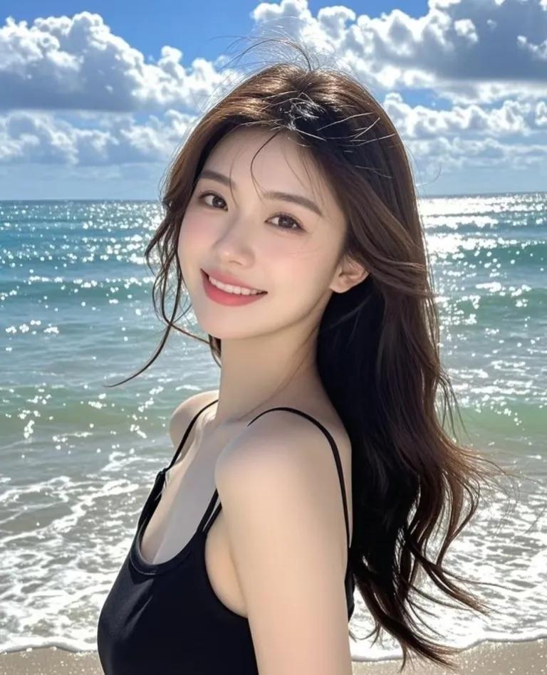 阳光海滩，笑靥如花，元气满满的一天！🌞🌊💃美女沙滩度假图