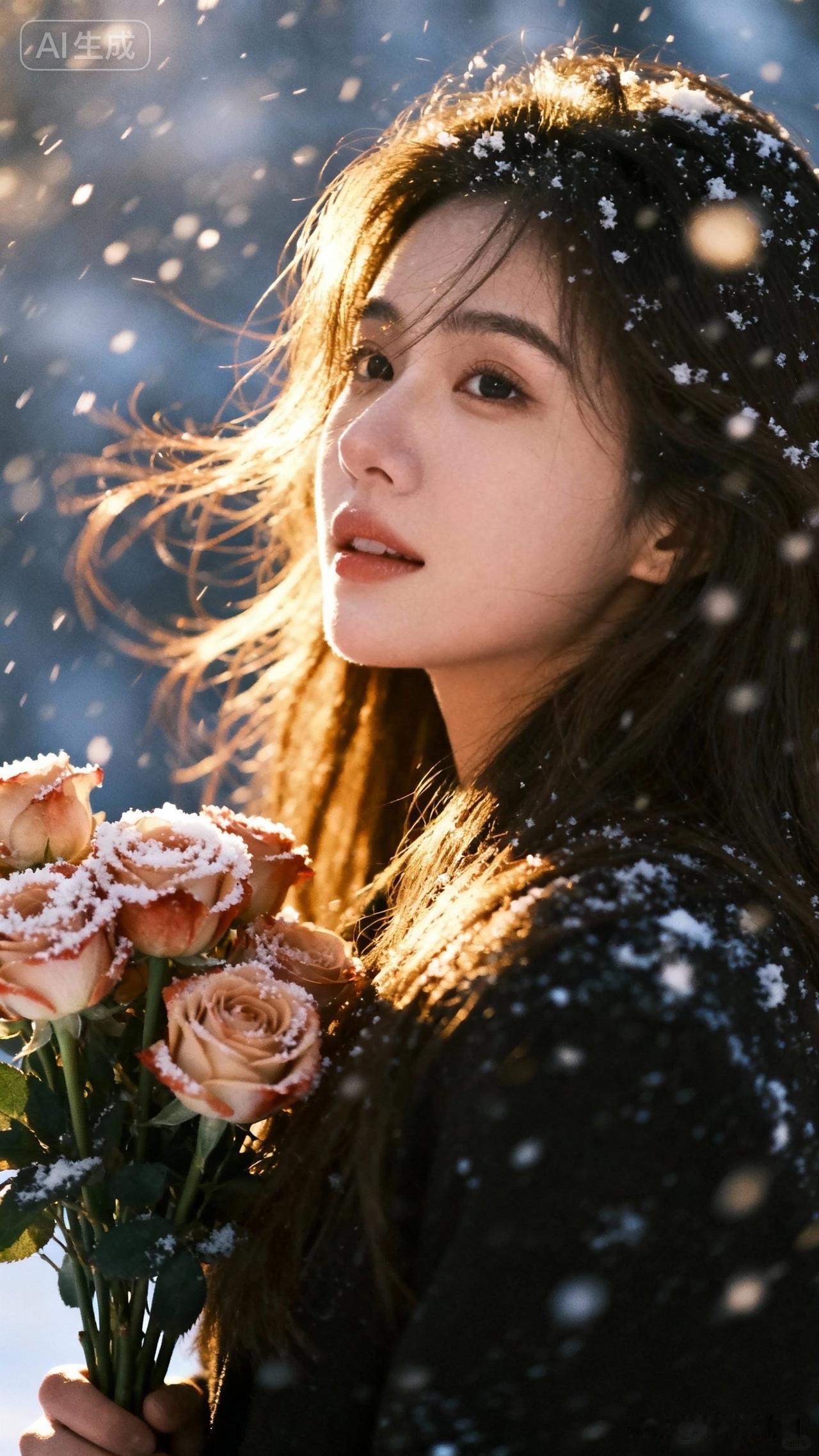 冬日暖阳下，手捧玫瑰，感受雪的温柔。🌹💕