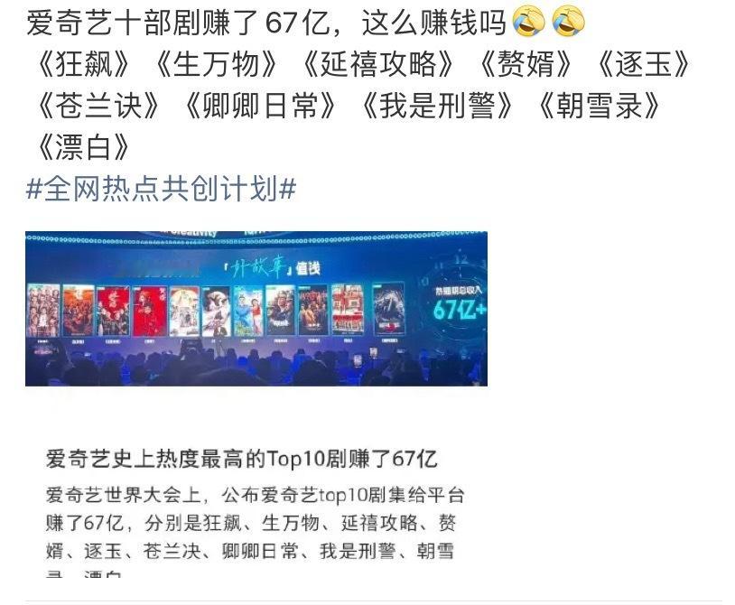 爱奇艺十部剧赚了67亿赚了这么多，未来准备用AI代替演员。 