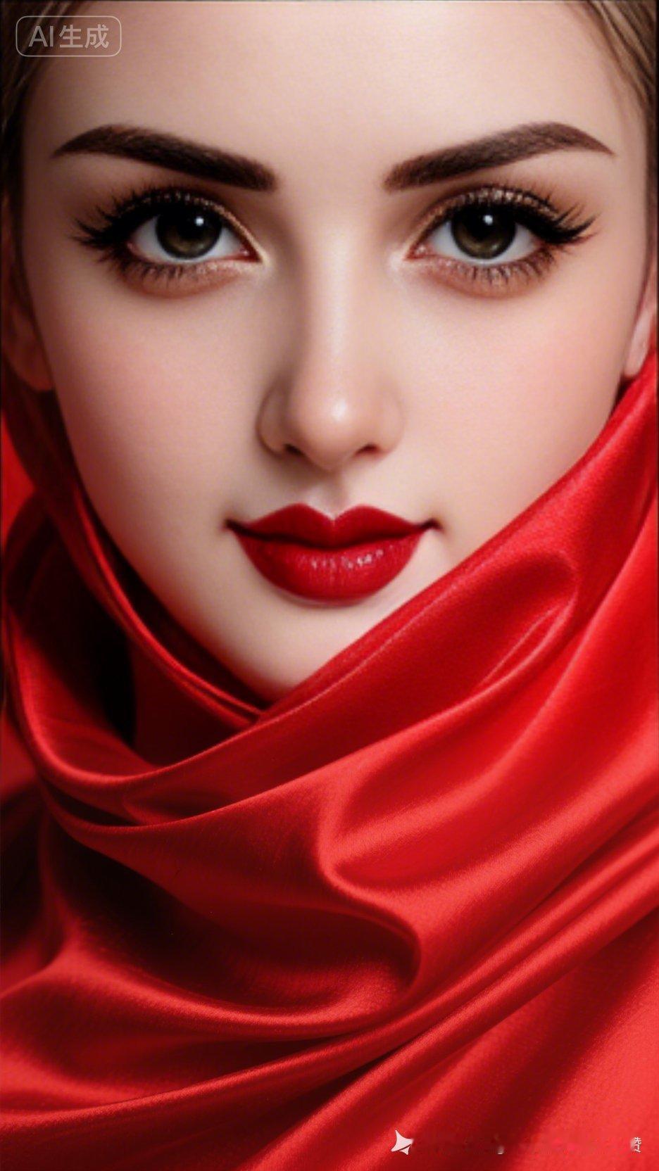 惊艳的红色丝巾，搭配精致的妆容，尽显优雅与魅力！💄👗✨