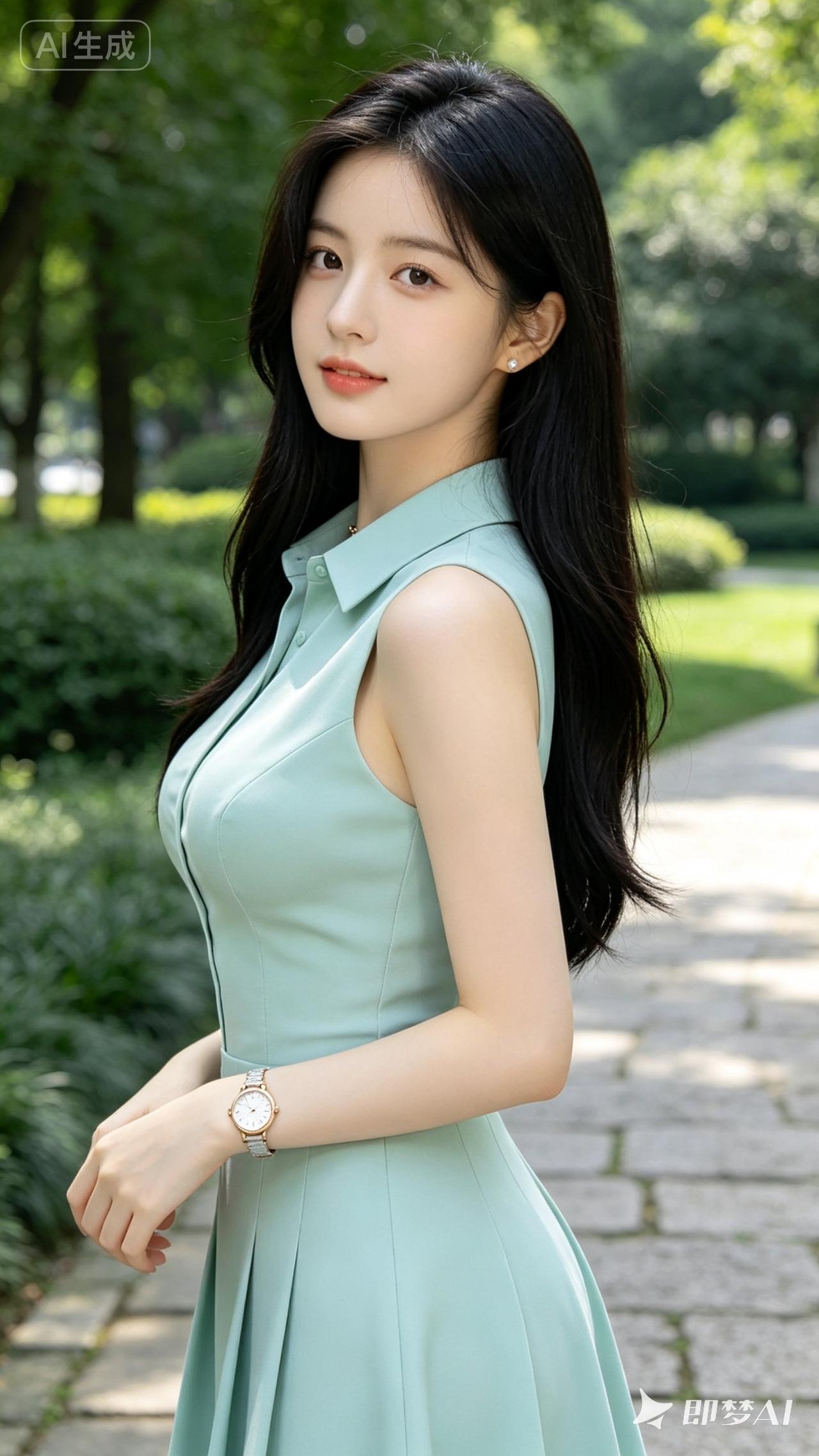 这姑娘穿着浅绿色连衣裙，站在公园里。