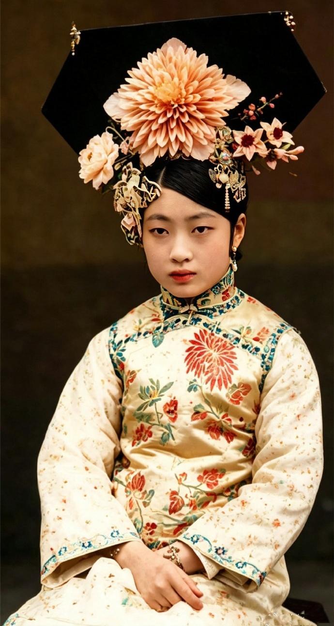 这是戴着两把头，穿着绣花衬衣外套绣花坎肩的末代皇后婉容。由于婉容超高的颜值、白皙