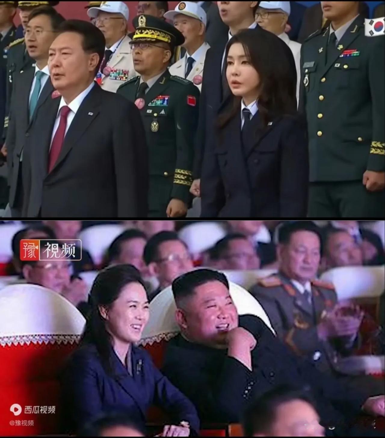 上图是韩国总统尹锡悦与夫人金健熙的图片，下图是朝鲜最高领导人金正恩与夫人金雪主的