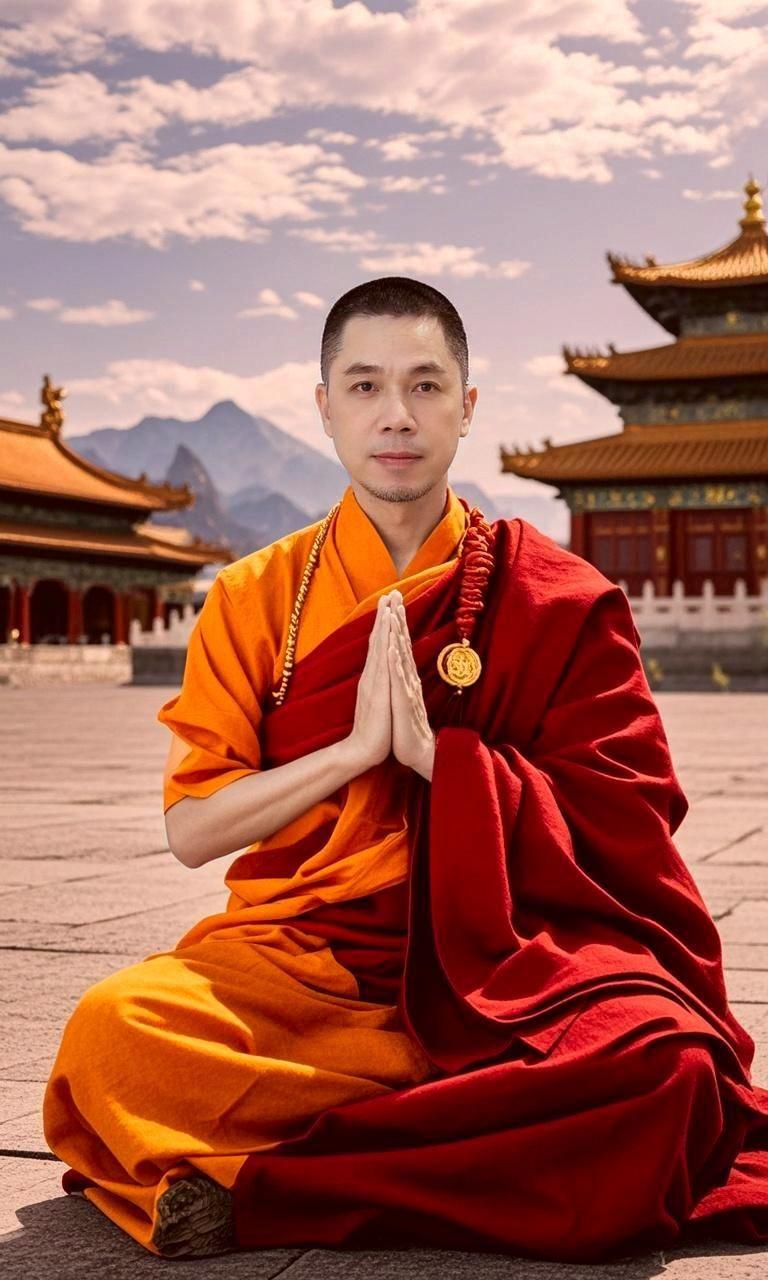 AI寺庙前的红裟僧