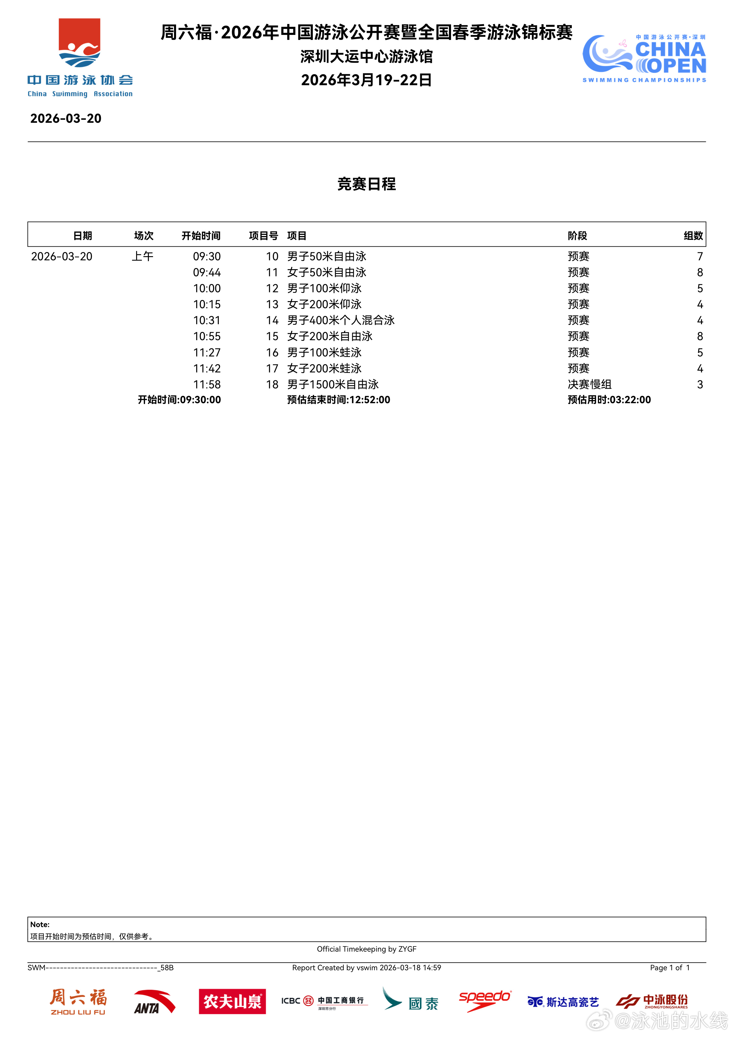 2026年中国游泳公开赛 第二天上午预赛秩序单来啦