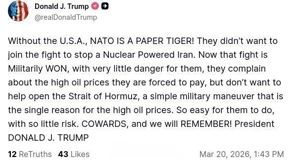 “没有美国，北约就是纸老虎”！特朗普今天继续发帖怒斥北约盟友:“没有美国，北约就