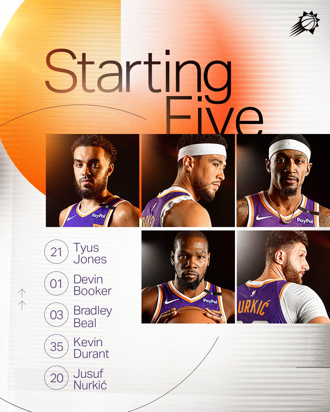 常规赛G1首发：琼、比、布、杜、弩。#太阳vs快船##nba新赛季2024##n