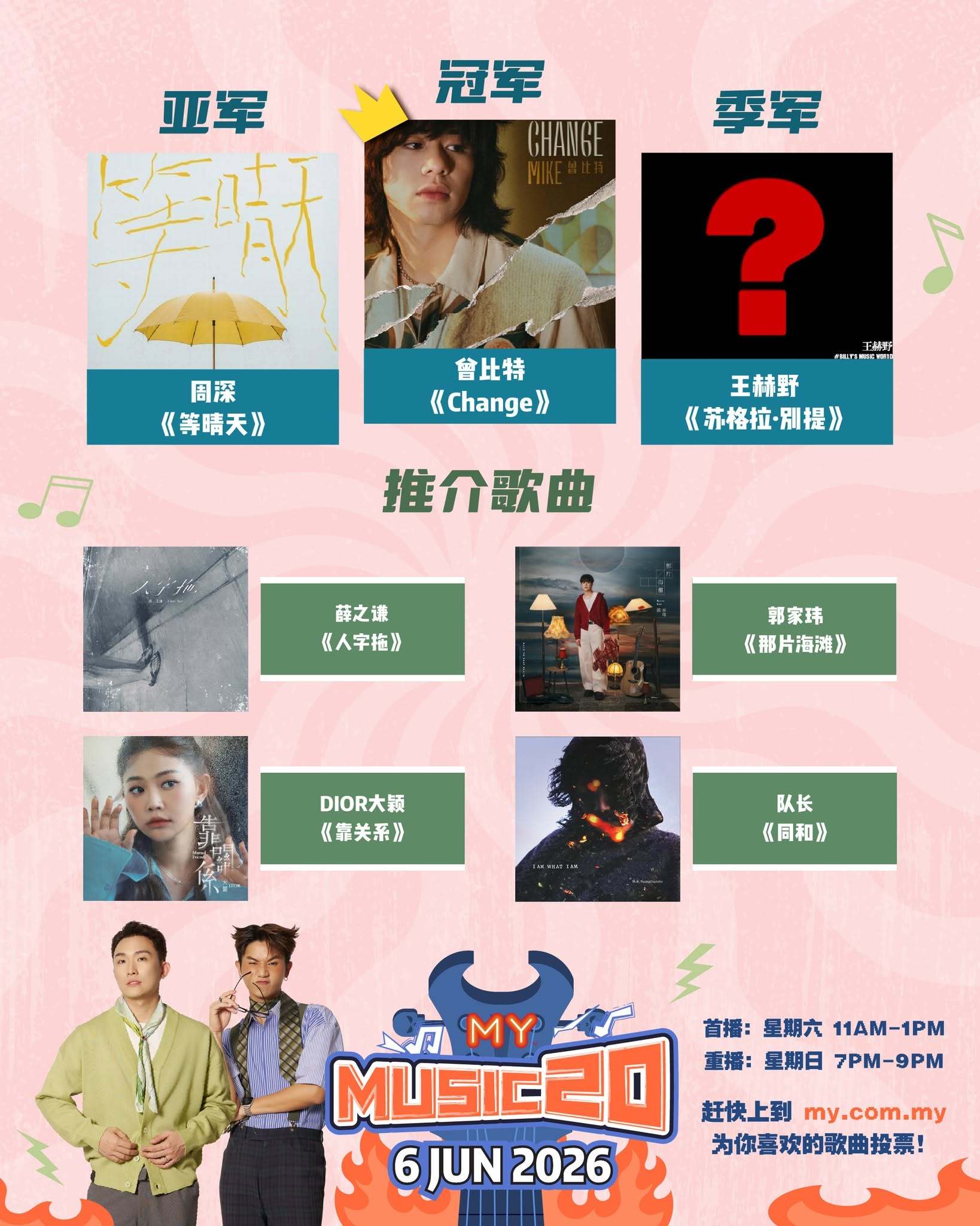 马来西亚电台MY FM《MYFMMusic20》（6月6日）榜单前三强🥇冠军：