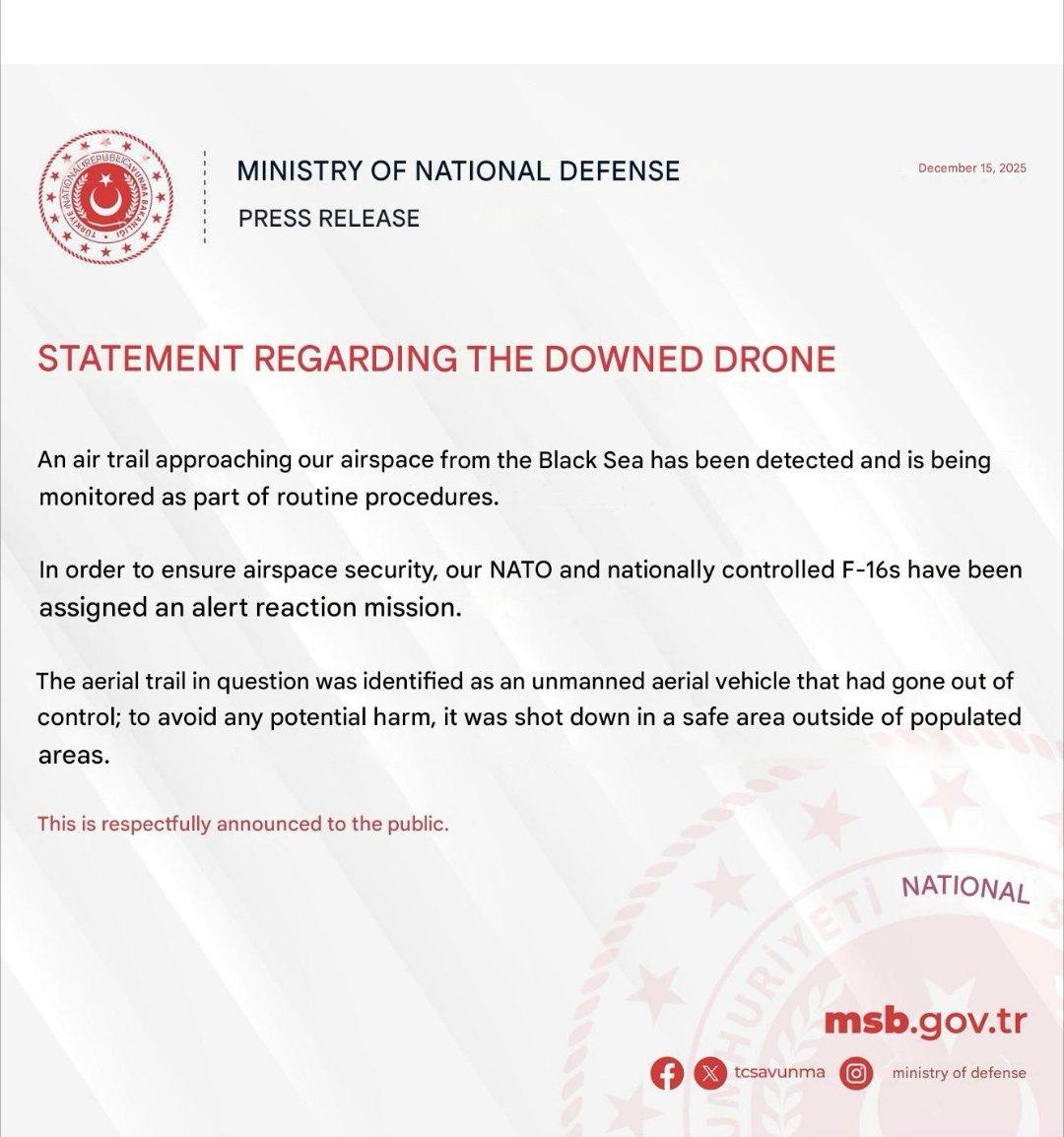 土耳其军方称，土军F-16战斗机在黑海沿岸上空击落了一架无人机，未核实其归属情况