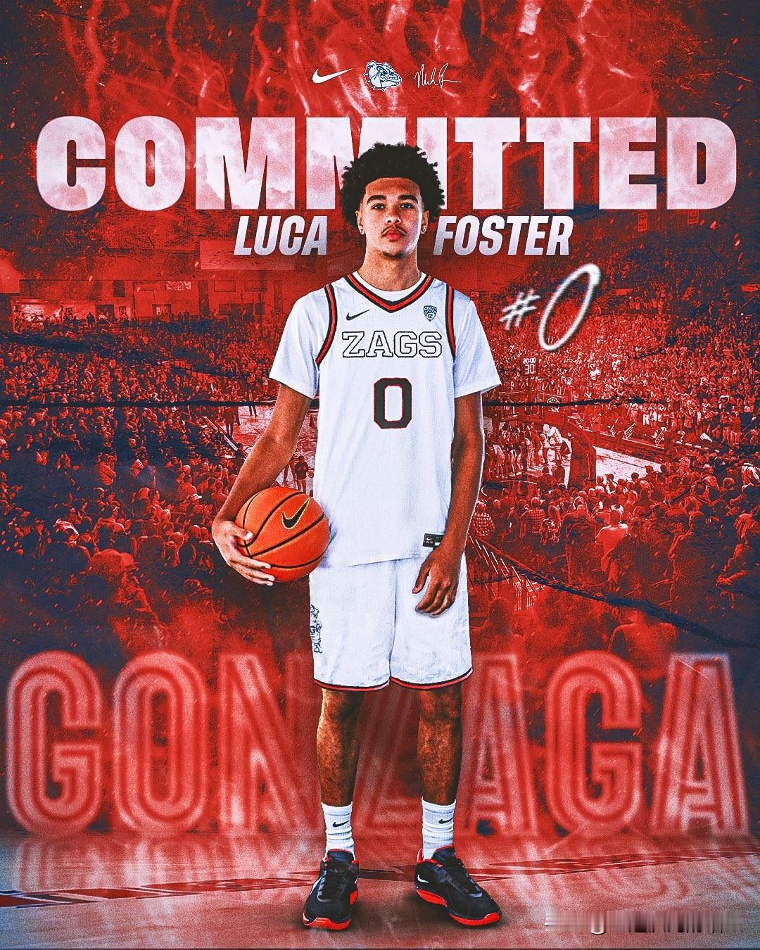 四星小前锋Luca Foster宣布承诺NCAA男篮 冈萨加大学，身高6-5=1