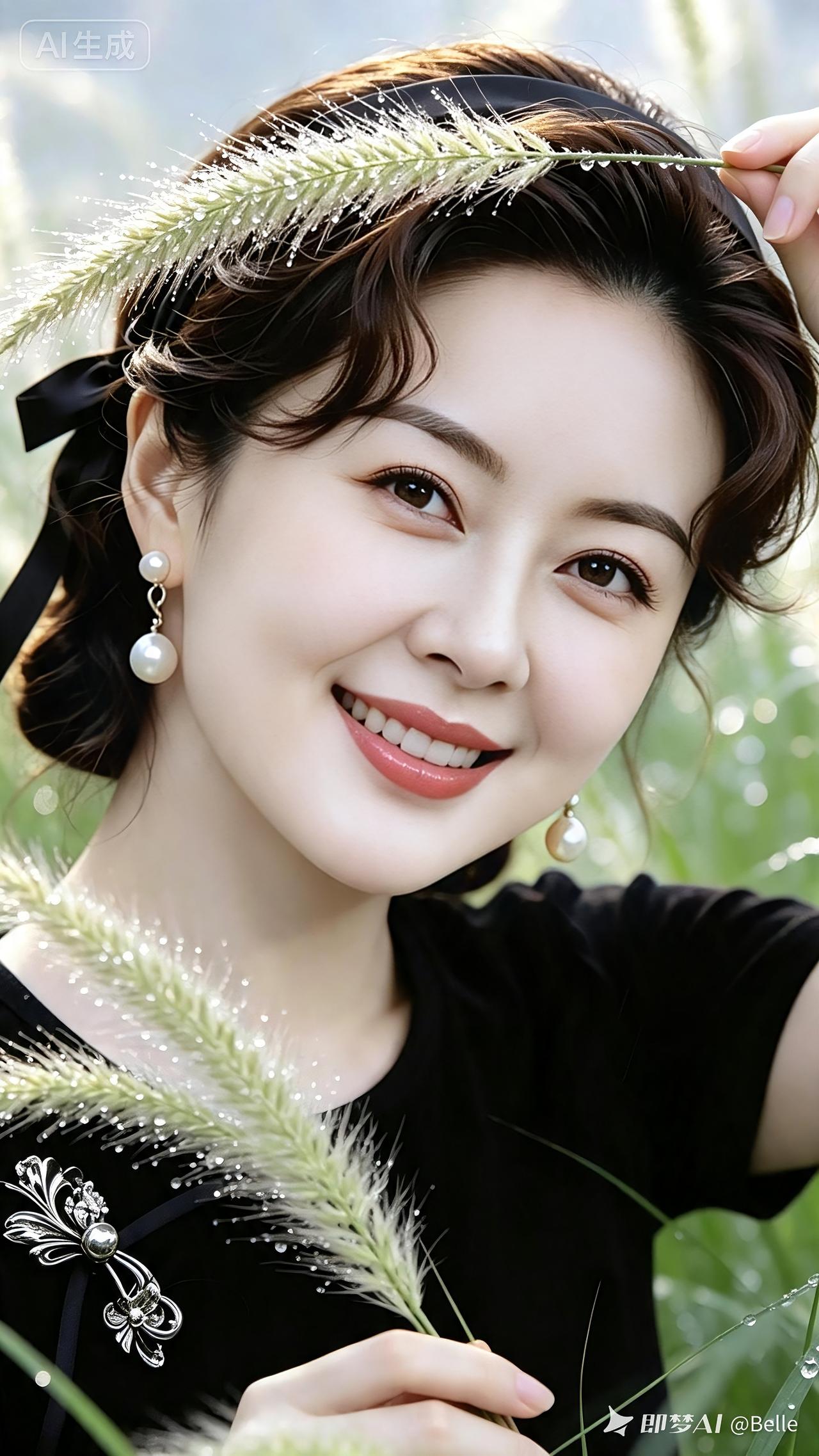 郊野芳姿
芳草萋萋带露芒，
佳人浅笑立郊疆。
青丝巧挽风姿秀，
珠翠流辉气韵彰。