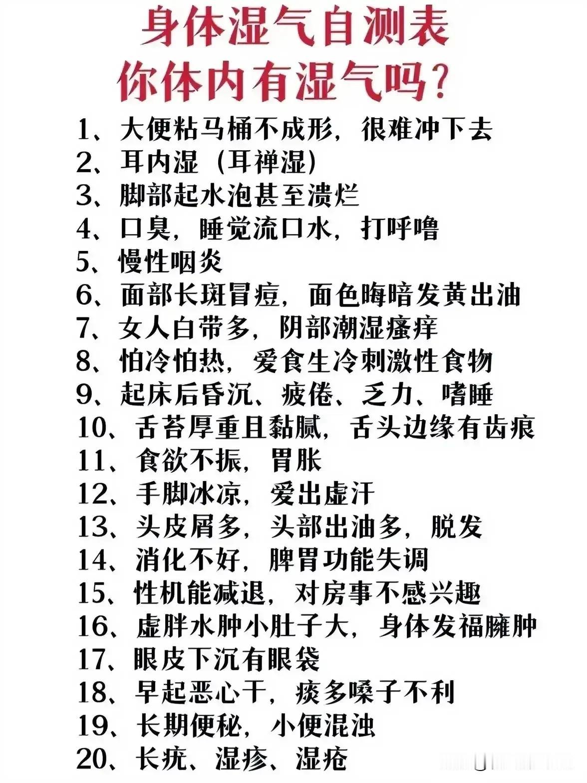 身体湿气自测表——你体内有湿气吗？

在快节奏的现代生活中，我们往往忽视了对身体
