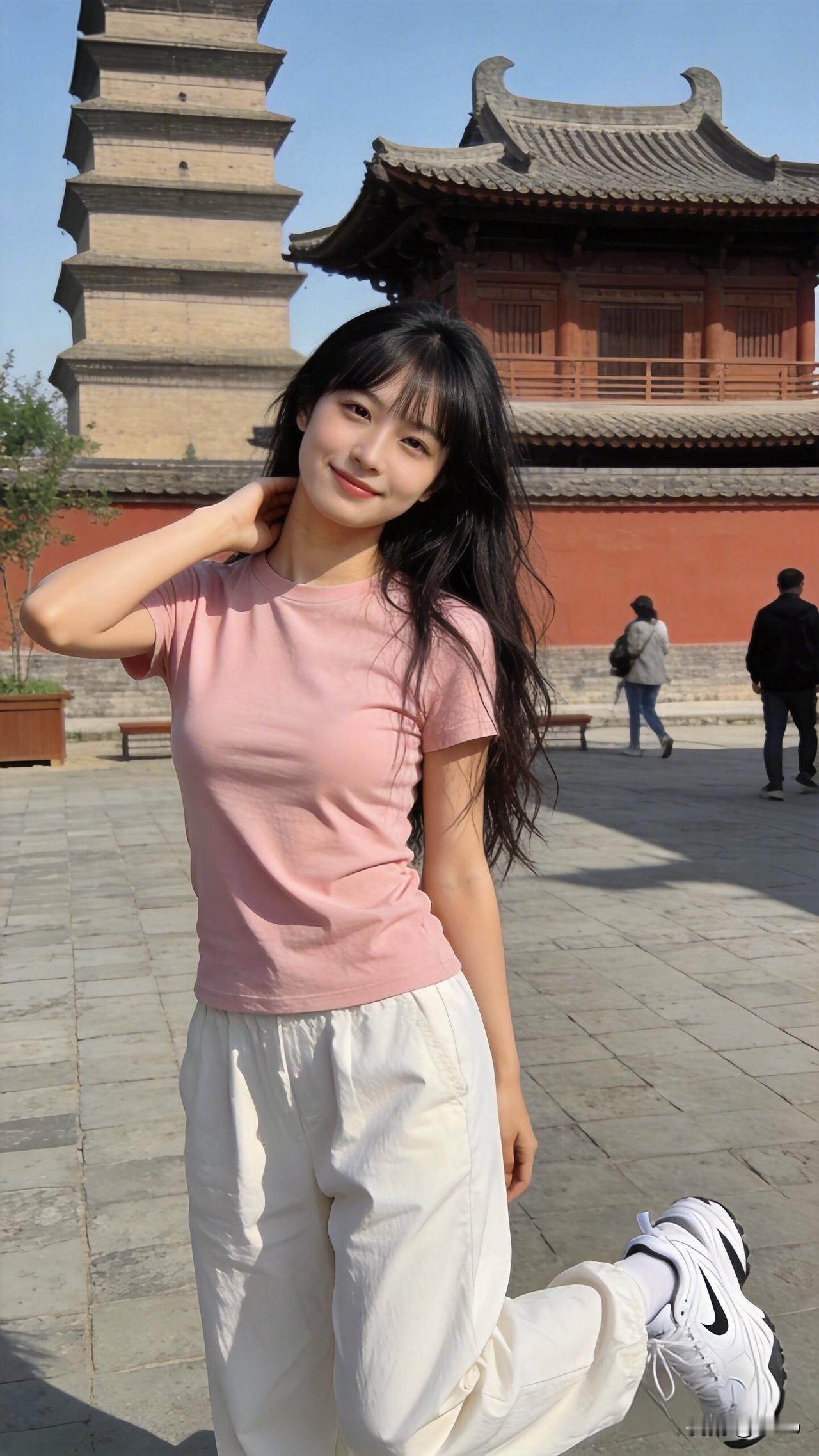 古塔映日影，美人倚风姿。