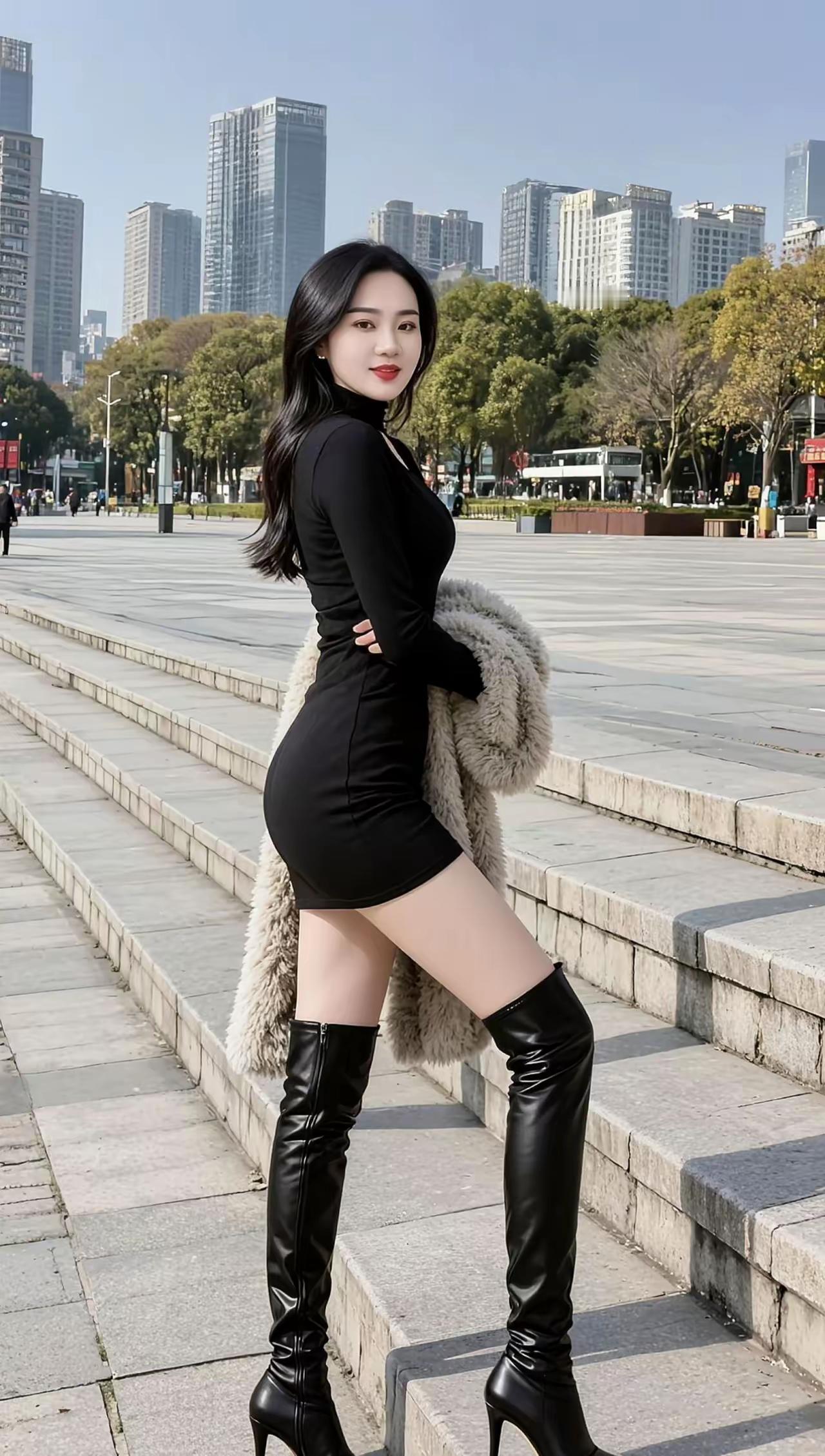 阳光洒在城市广场的台阶上，她以一抹黑色剪影定格了春日的时尚瞬间。黑色紧身连衣裙勾