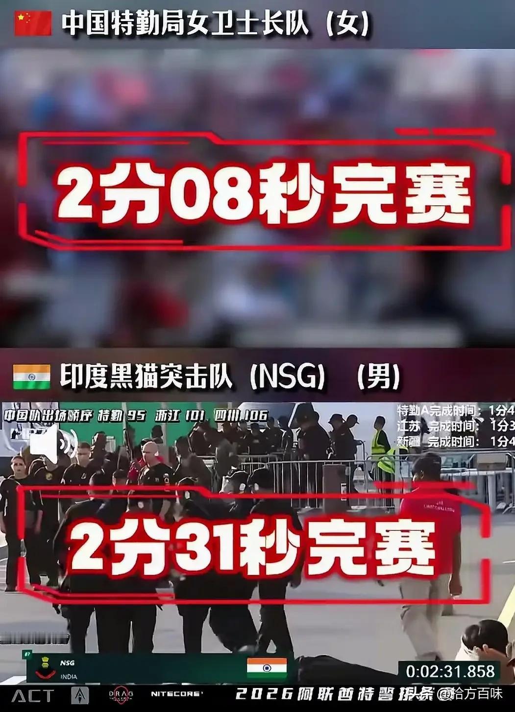 在第七届阿联酋特警挑战赛比赛中，中国两支特警女队完赛成绩力压大名鼎鼎的印度黑猫突