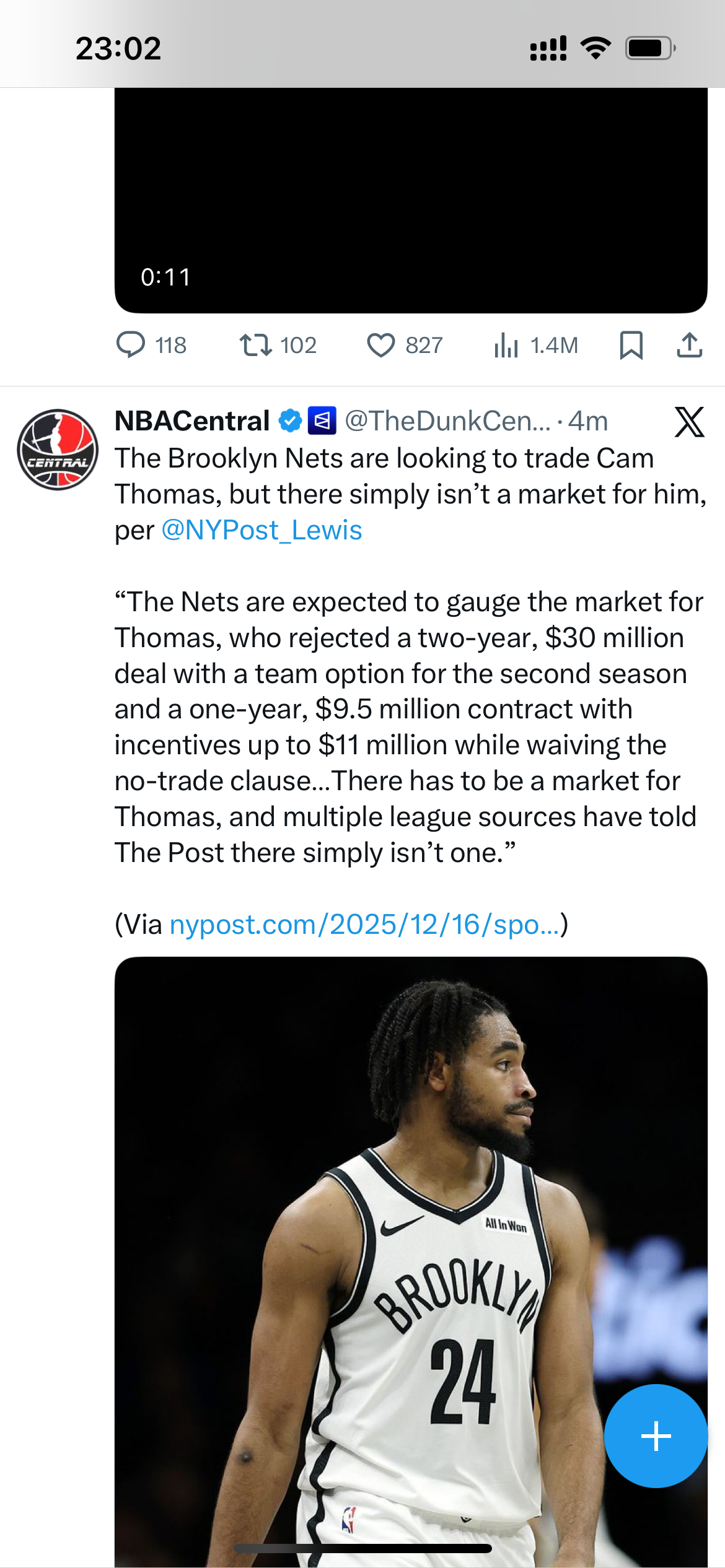 这个新闻看起来有点心酸呢：布鲁克林篮网正在寻求交易卡姆·托马斯，但目前根本没有他