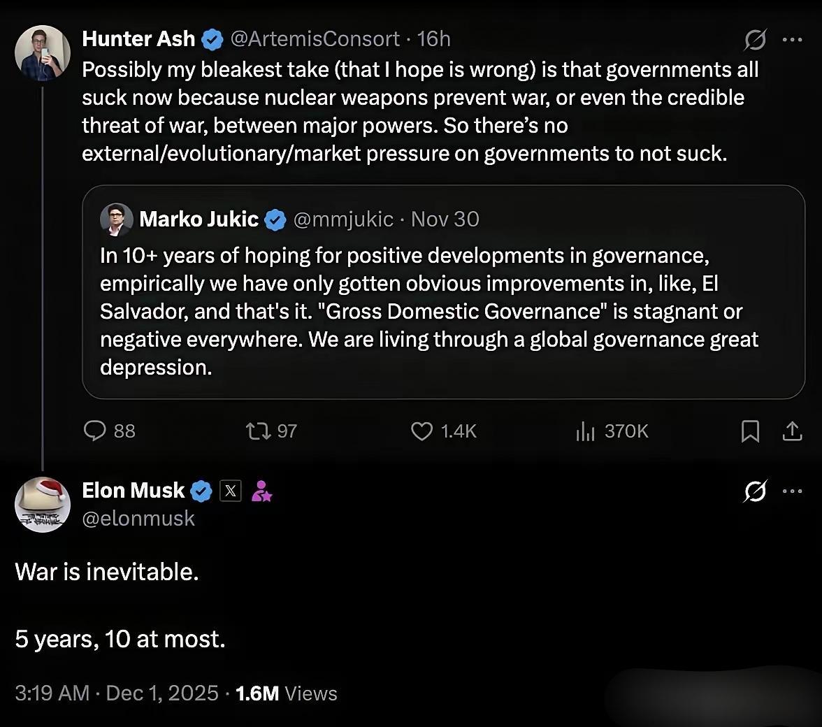 马斯克凌晨三点不睡觉，在X平台一条讨论“为什么现在的政府都显得如此无能”的帖子下