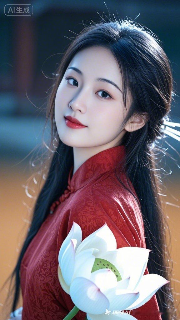 红衣少女与白莲的唯美邂逅🌸💕