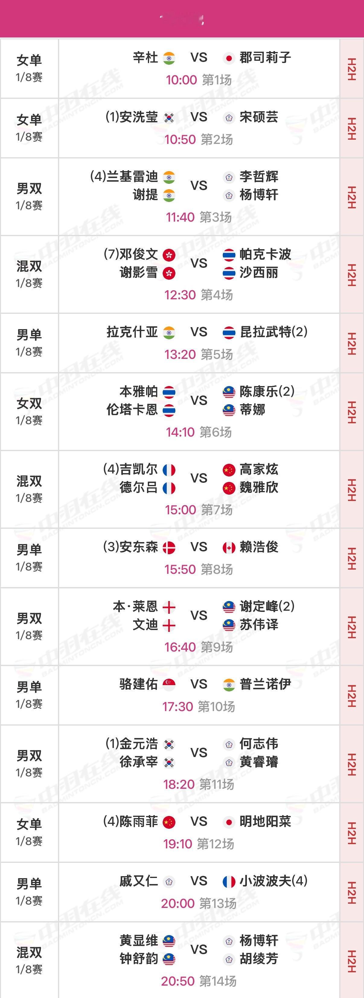 2026年新加坡羽毛球公开赛 1/8决赛北京时间10:00开始，可在羽协公众号/