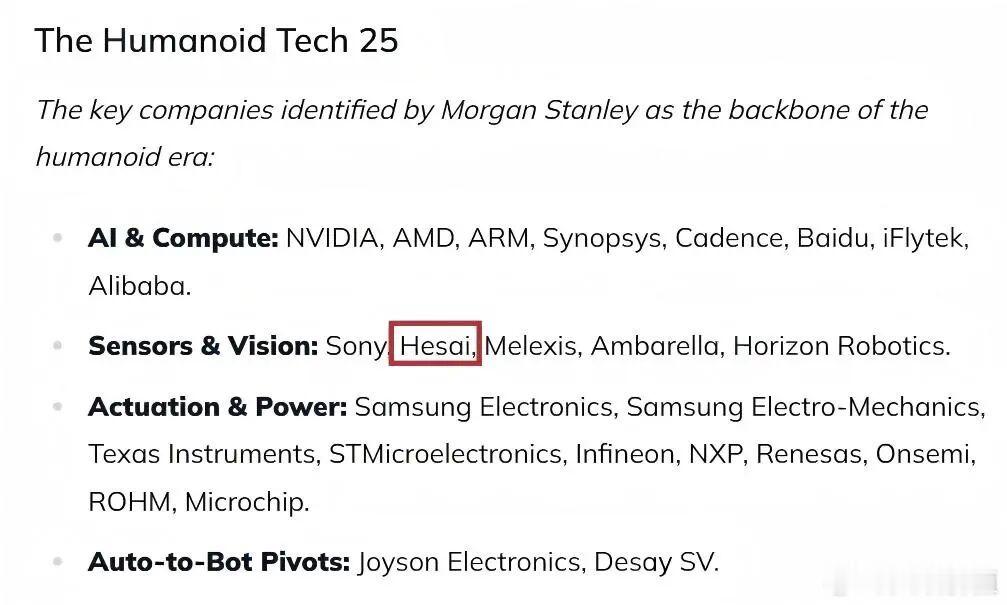近日，全球知名投资机构摩根士丹利，重磅发布“Humanoid Tech 25（人