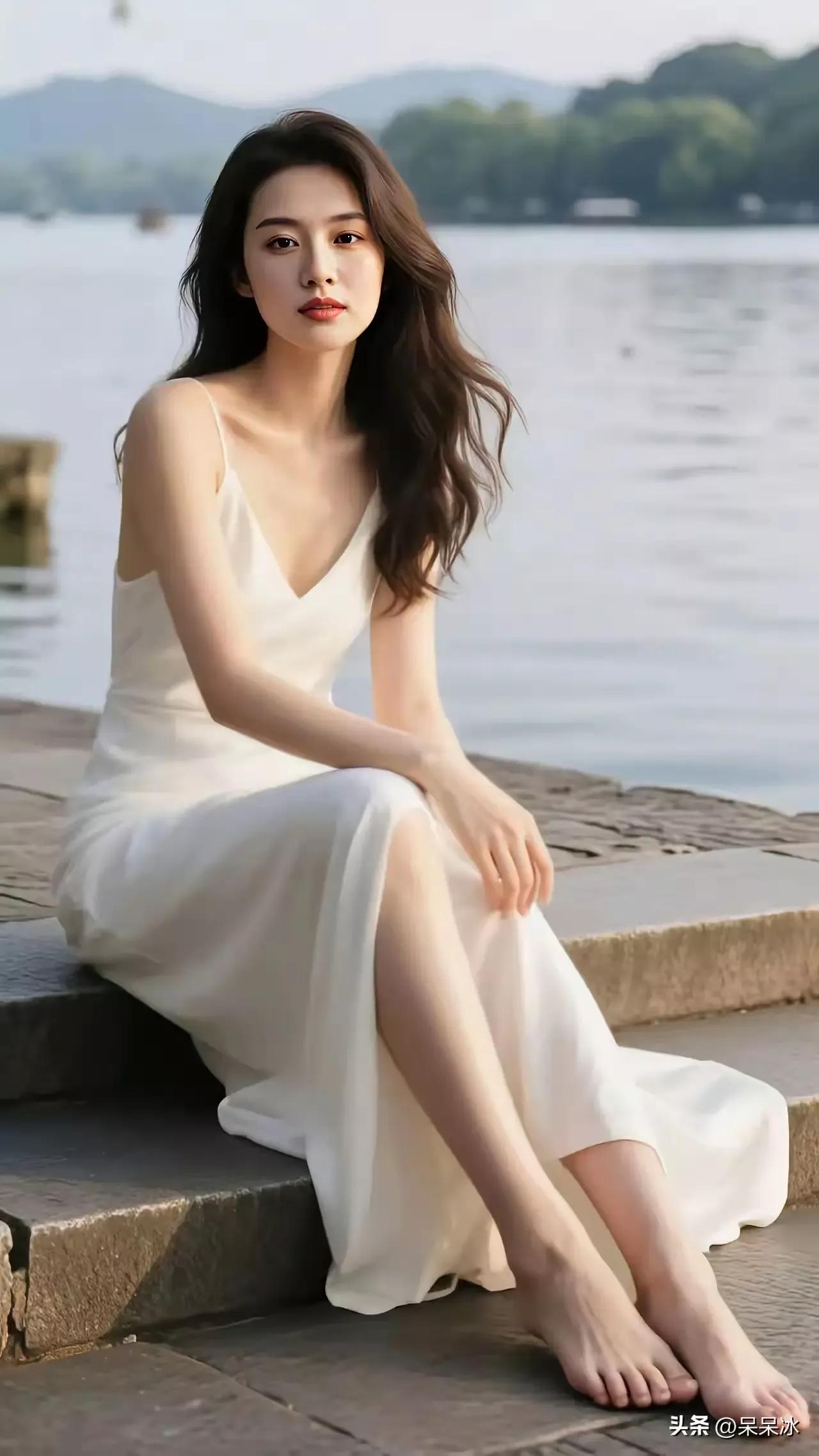 夏日湖畔白裙仙子，微风拂面，静谧时光白裙少女感 温柔气质小白裙 湖畔白衣少女 湖