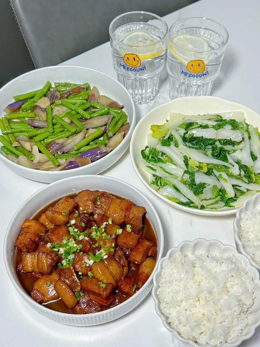 ✅晚餐分享｜红烧肉➕豇豆茄子➕清炒黄心菜