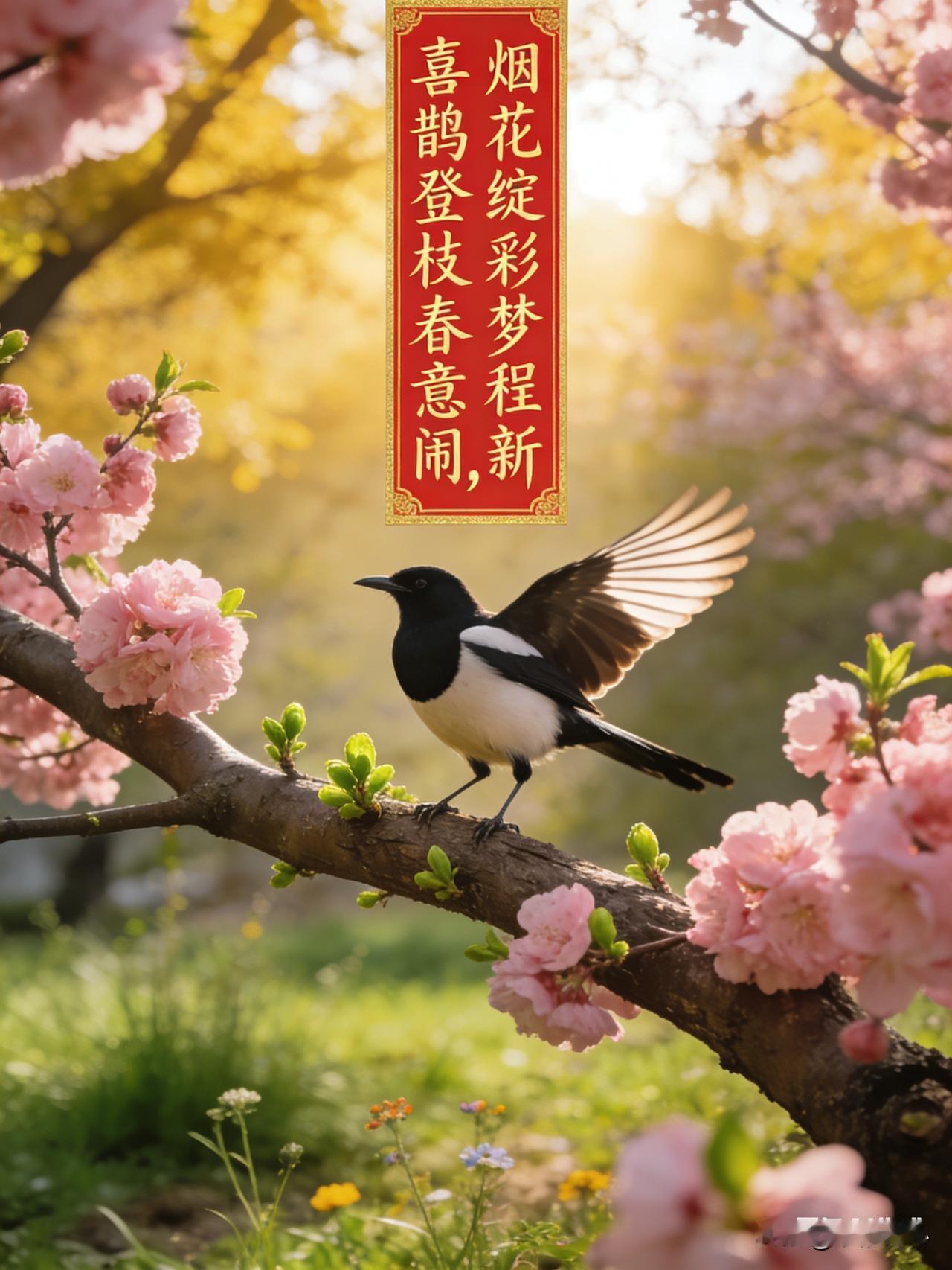 上联：喜鹊登枝春意闹
下联：烟花绽彩梦程新
“烟花”作为节日中常见的喜庆元素，绽