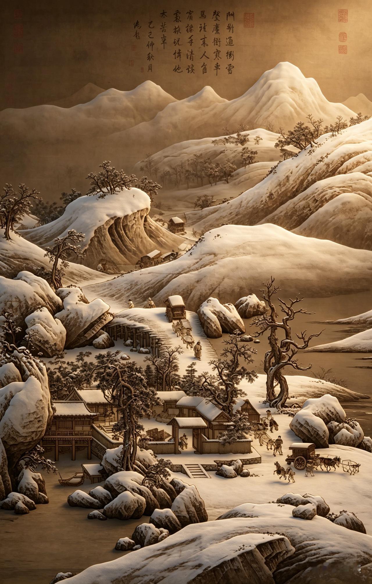 金人 佚名《雪栈牛车图》（AI复原图）

——这幅《雪栈牛车图》，用满纸风雪写出