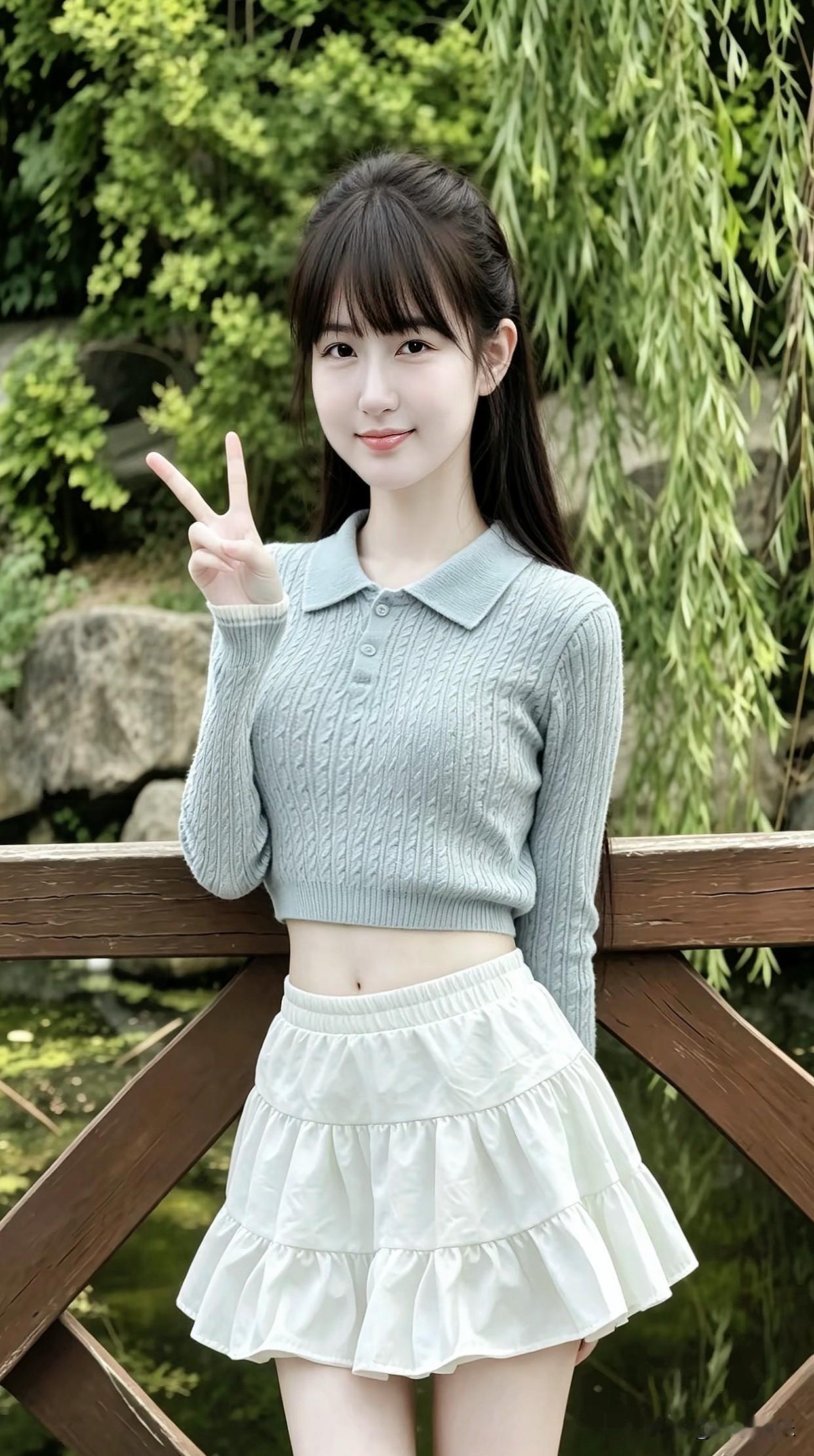 元气少女在竹林间，微笑比出V字手势，清新自然，元气满满！🌿💖 分享一下你随手