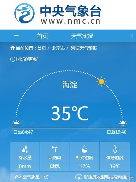 【北京海淀高温】今天14点50分，北京海淀气温升至35℃，拿下今年北京地区国家气