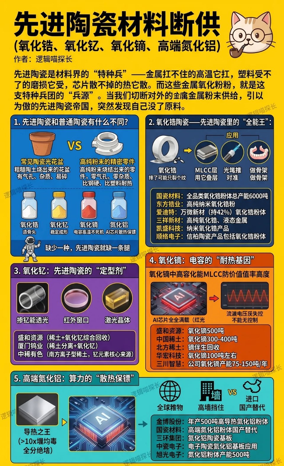 先进陶瓷材料断供氧化锆完全卡住，氧化钇有先天优势，氧化镝绝对垄断，氮化铝正在破局