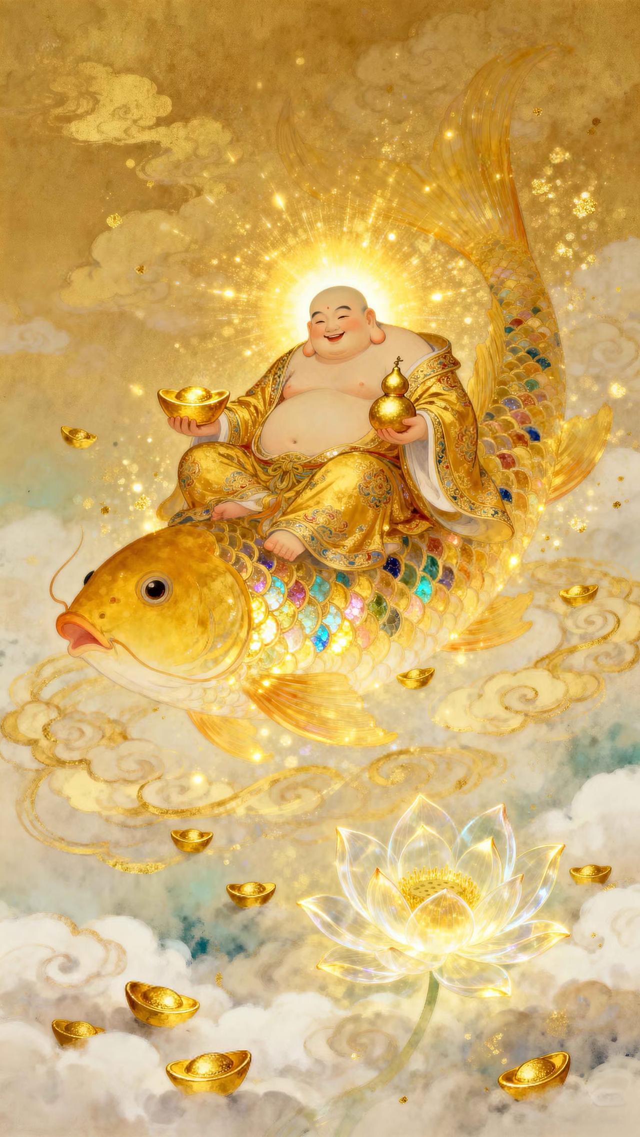 ‌弥勒笑纳乾坤福，金鲤驮来富贵财‌
传统文化 绘画 祝福