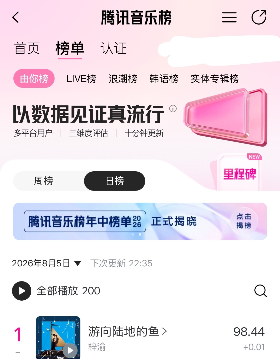 梓渝游向陆地的鱼由你日榜TOP1 梓渝专辑先行曲《游向陆地的鱼》拿下由你日榜TO