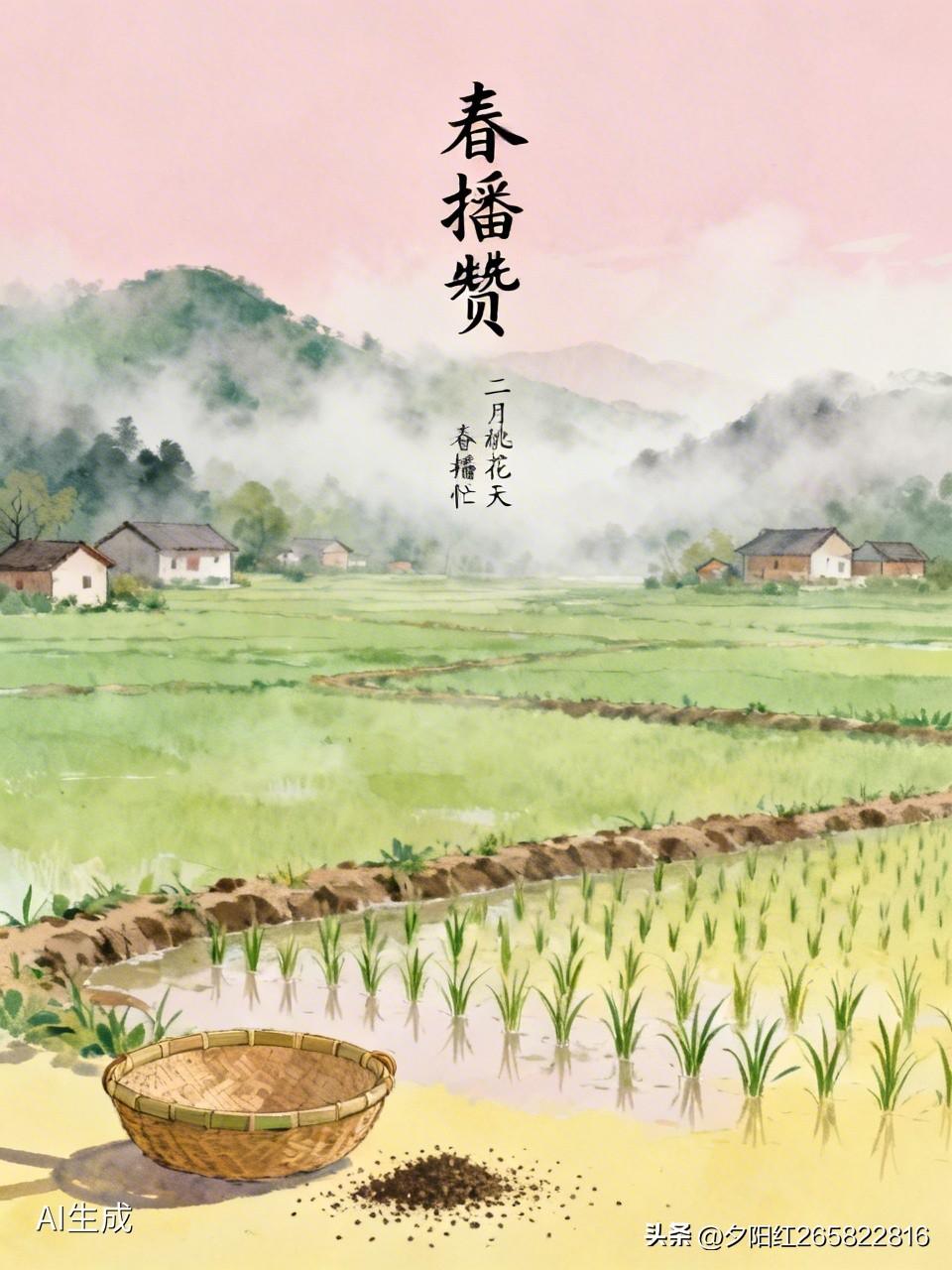 《春播赞》
二月里來桃花天，
农民春播春忙时。
脸朝黄土背朝天，
汗水滴滴湿土印