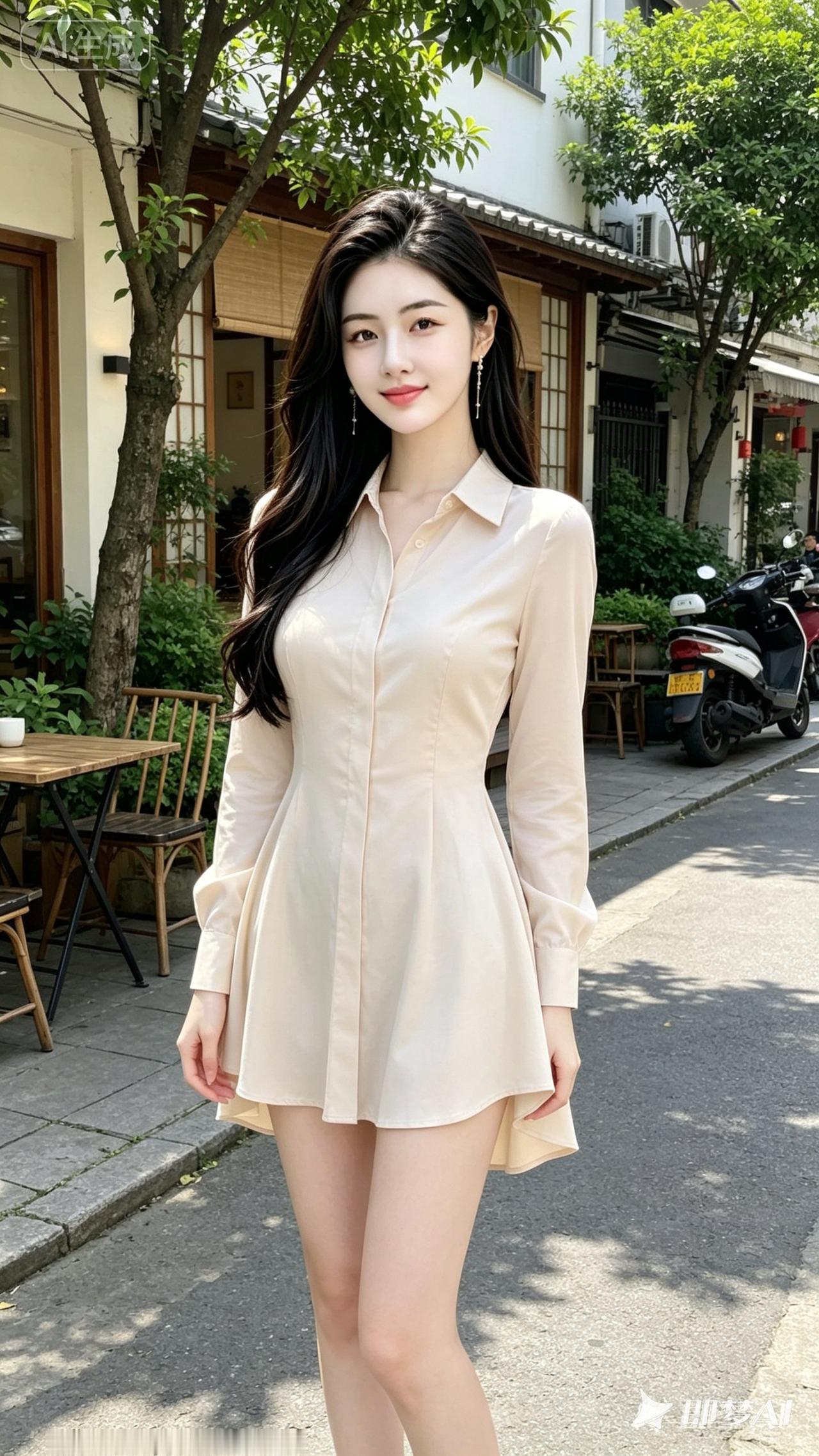 温柔甜美的浅粉色连衣裙，搭配长卷发，尽显优雅气质。