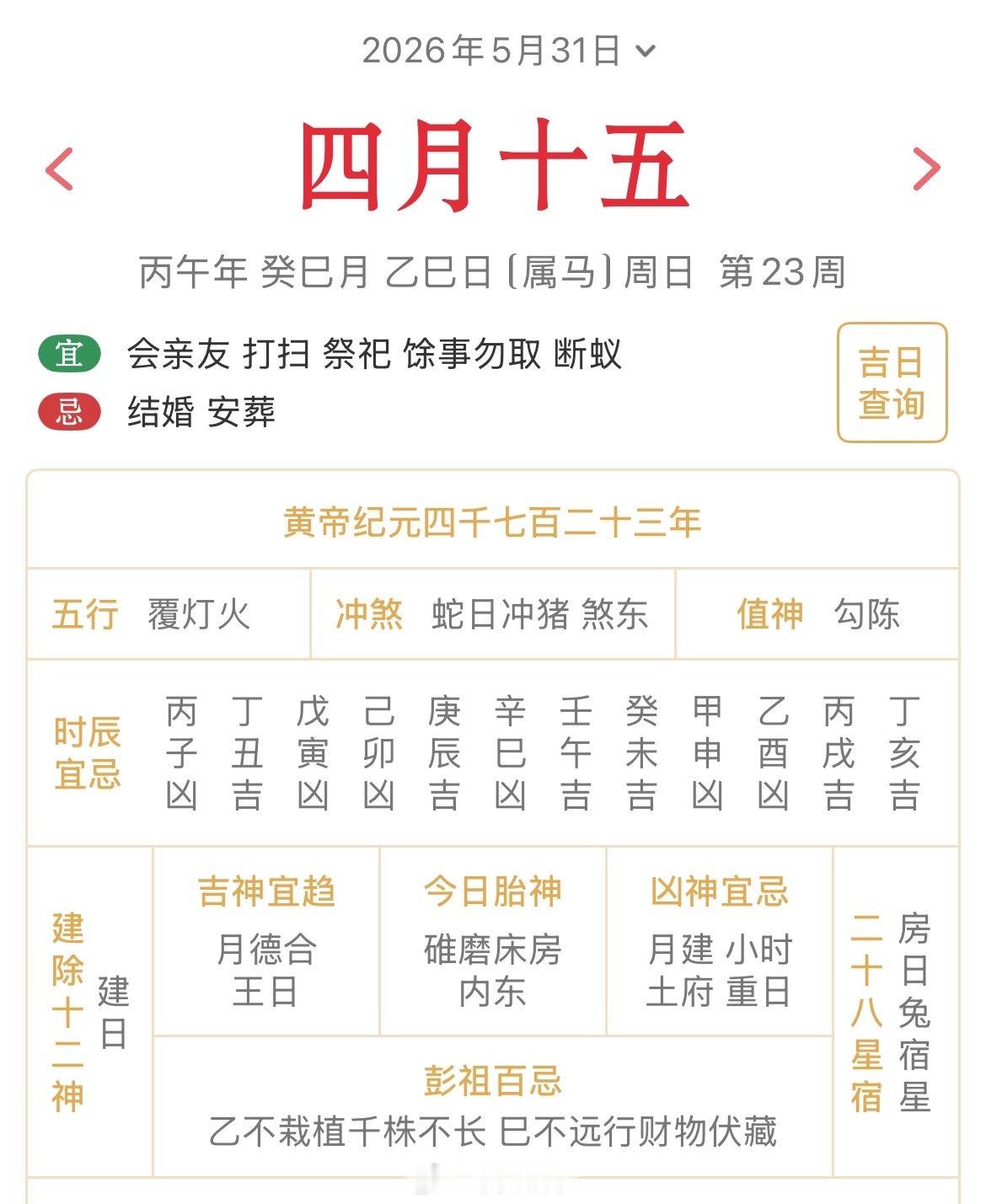 十二生肖每日简运 仅供参考2026.5.31丙午年癸巳月乙巳日乙巳天克地冲己亥：