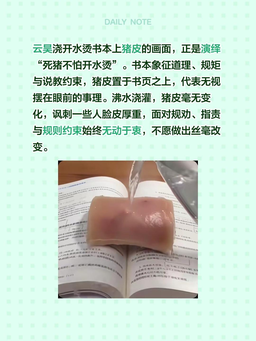 云昊浇开水烫书本上猪皮的画面，正是演绎“死猪不怕开水烫”。书本象征道理、规矩与说