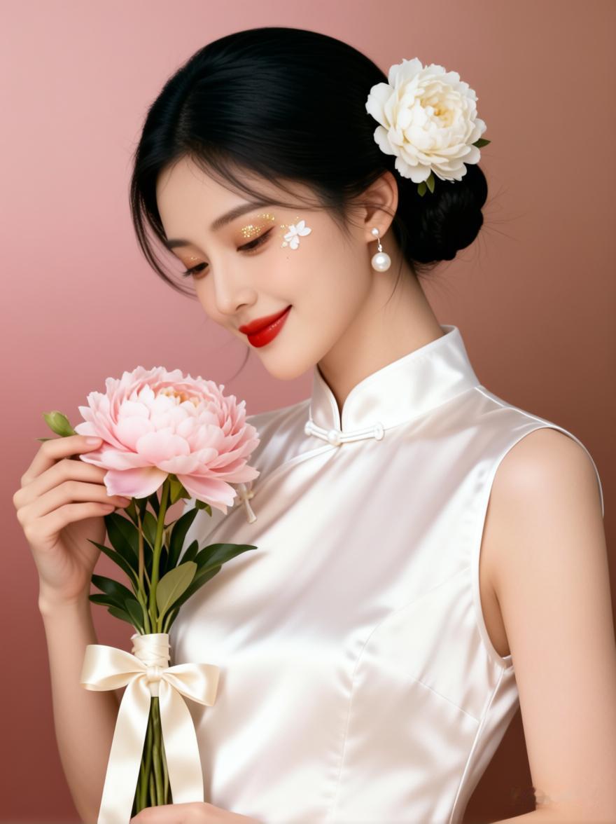 优雅东方美人，手持粉色牡丹，尽显古典韵味