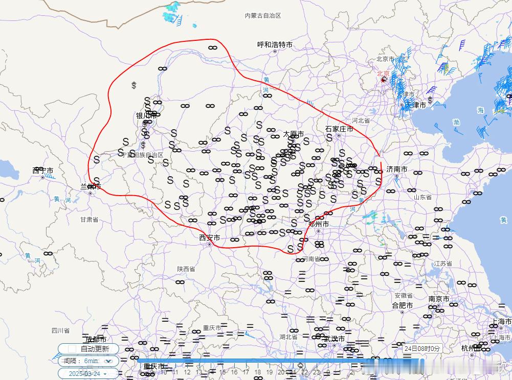 【沙尘】今晨在黄河流域部分地区有成片的沙尘，地面观测报部分城市给出的是霾（图1）