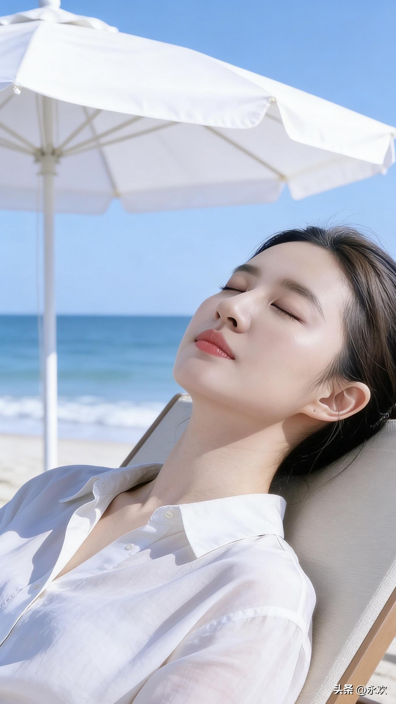 海风裹着咸湿的气息漫过沙滩，她把自己陷进躺椅里，让阳光在肌肤上温柔流淌。白衬衫被