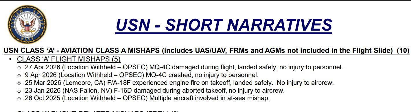 🔻继4月9日美军在对伊朗作战坠毁MQ-4C无人机后，4月27日又有一架MQ-4