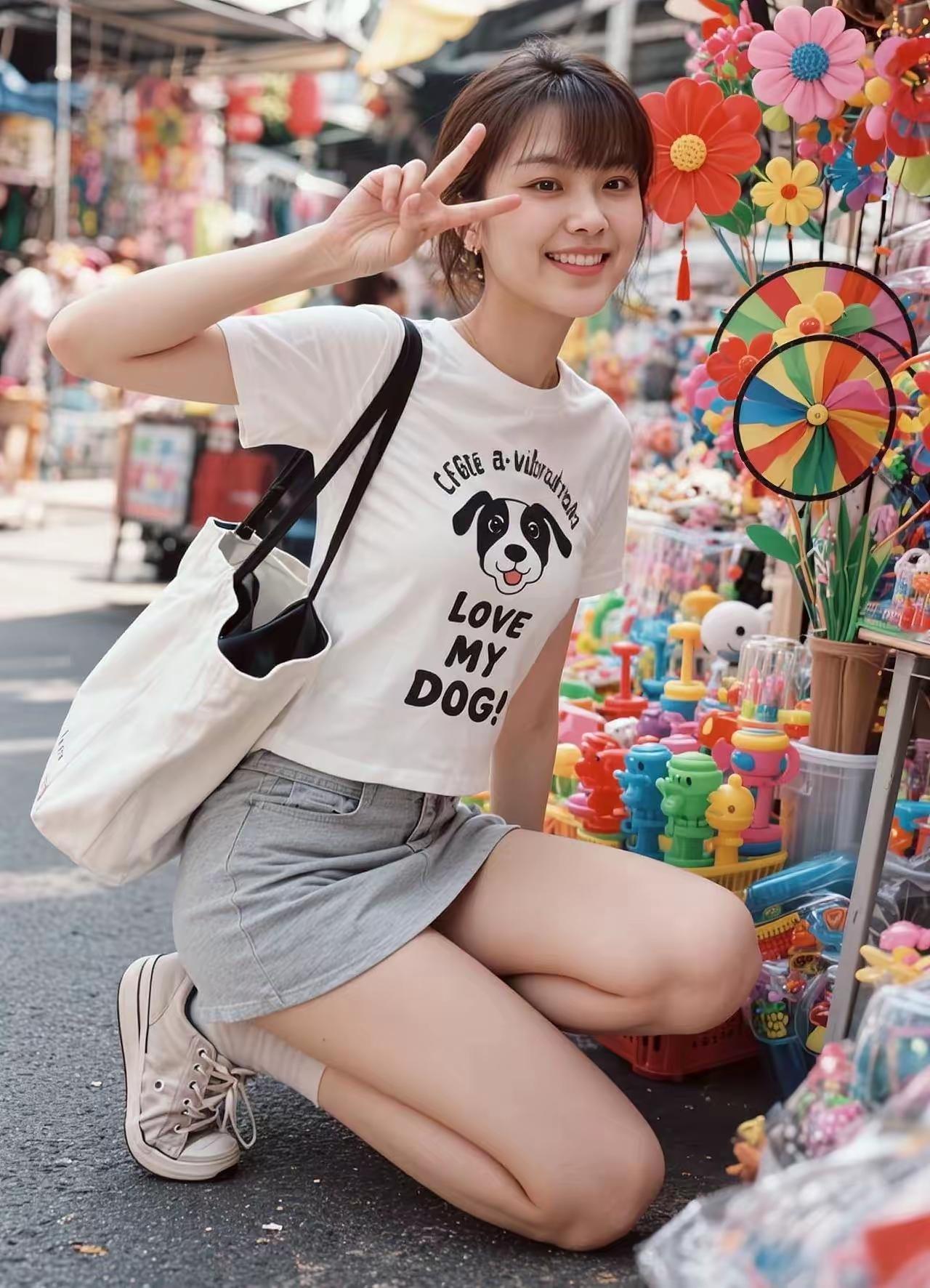 女孩在街头摆出V字手势，笑容灿烂。