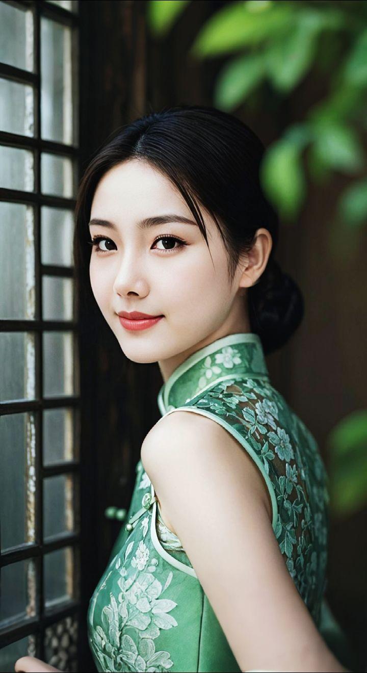 AI扩图 AI绿旗袍佳人