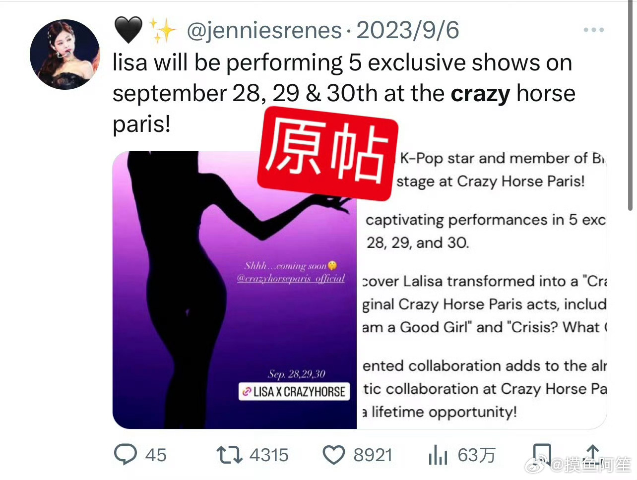 粉丝澄清了说是lisa粉丝P的图，Jennie 不去疯马秀。jennie疯马秀 