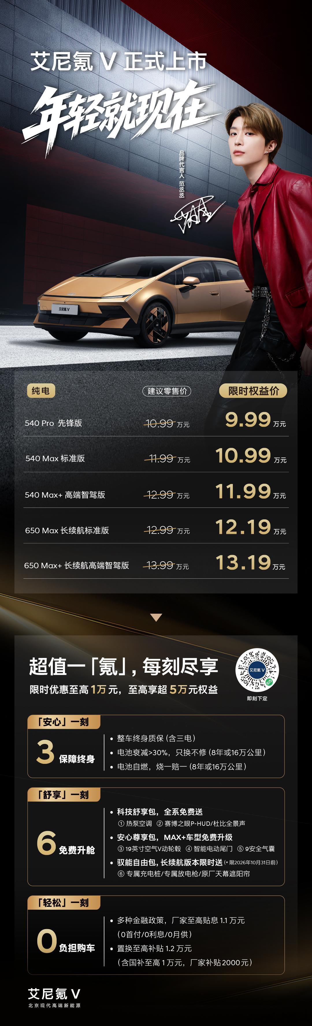 艾尼氪V上市价格来了，9.99-13.19万，限时至高优惠1万元，3重保障终身，